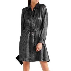 NEW Vanessa Seward Silk Gunmetal Silver Metallic Robe Cherry Belted Dress Small
